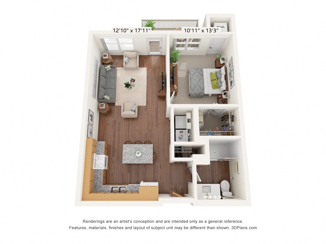 Floor plan for 1 bed, 1 bath, 663 sqft
